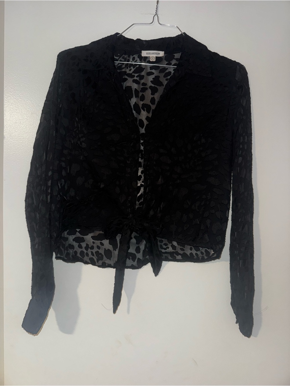 Good American Black Sheer Leopard-Textured Tie-Front Shirt